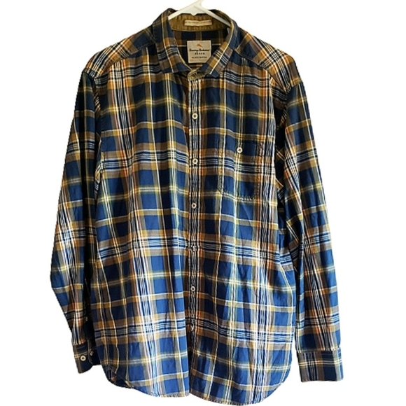 Tommy Bahama Jeans Shirt Blue Plaid Mens L Top Island Crafted Button Down - Picture 1 of 9